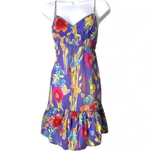 POOF | Bright Purple Floral Print Strappy Cotton Skater Dress Size S